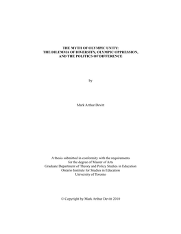 THE MYTH of OLYMPIC UNITY: the DILEMMA of DIVERSITY, OLYMPIC OPPRESSION, and the POLITICS of DIFFERENCE by Mark Arthur Devitt A