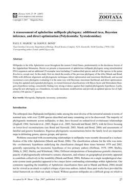 Zootaxa,A Reassessment of Apheloriine Millipede Phylogeny