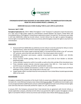 Strongbow Reports New Discovery of High Grade Copper + Tin Mineralisation in Drilling from the United Downs Project, Cornwall, Uk