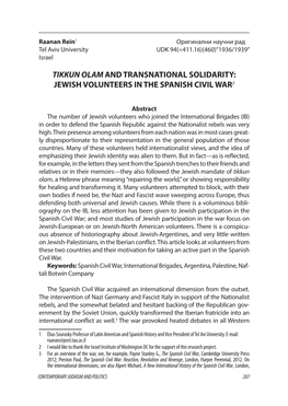 Tikkun Olam and Transnational Solidarity: Jewish Volunteers in the Spanish Civil War2