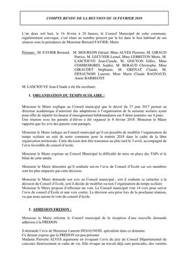 COMPTE RENDU DE LA REUNION DU 16 FEVRIER 2018 L'an Deux Mil Huit, Le 16 Février À 20 Heures, Le Conseil Municipal De Cette C