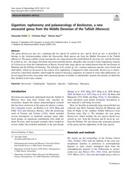 Gigantism, Taphonomy and Palaeoecology of Basiloceras, a New Oncocerid Genus from the Middle Devonian of the Tafilalt (Morocco)