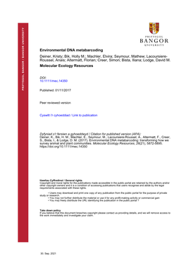 Environmental DNA Metabarcoding Deiner, Kristy