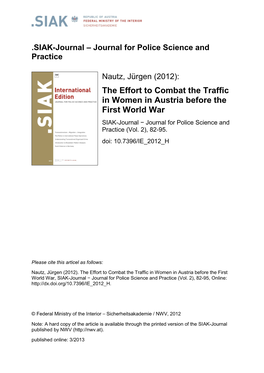 The Effort to Combat the Traffic in Women in Austria Before the First World War SIAK-Journal − Journal for Police Science and Practice (Vol