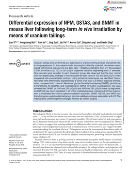 Differential Expression of NPM, GSTA3, and GNMT in Mouse Liver Following Long-Term in Vivo Irradiation by Means of Uranium Tailings