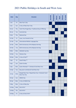 List of Public Holidays 2021