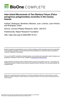 Inter-Island Movements of Two Barbary Falcon (Falco Peregrinus Pelegrinoides) Juveniles in the Canary Islands