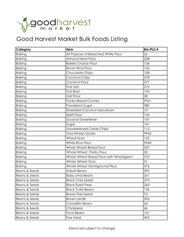 Good Harvest Market Bulk Foods Listing