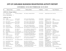 City of Carlsbad Business Registration Activity Report Covering 01/01/2019 Through 01/31/2019