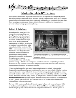 Music – Its Role in KY Heritage Music Speaks an Emotional Language to Share Collective Life Experiences of Our Past & Present