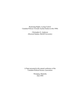 Restricting Rights, Losing Control: Canadian Policies Towards Asylum Seekers in the 1980S