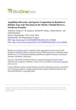 Amphibian Diversity and Species Composition in Relation to Habitat Type and Alteration in the Mache–Chindul Reserve, Northwest Ecuador Author(S): Gregory F