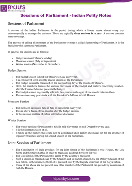 Sessions of Parliament - Indian Polity Notes Sessions of Parliament