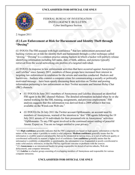 INTELLIGENCE BULLETIN (U) Law Enforcement at Risk for Harassment and Identity Theft Through “Doxing”