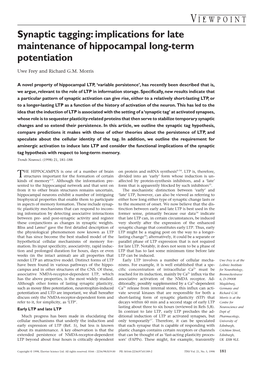 Synaptic Tagging: Implications for Late Maintenance of Hippocampal Long-Term Potentiation