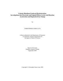 Cationic Rhodium-Catalyzed Hydroboration: Investigations Into Electronic and Ligand Effects; Lewis-Acid Reaction Acceleration and Regioselectivity Change