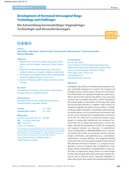 Development of Hormonal Intravaginal Rings: Technology and Challenges Die Entwicklung Hormonhaltiger Vaginalringe: Technologie Und Herausforderungen