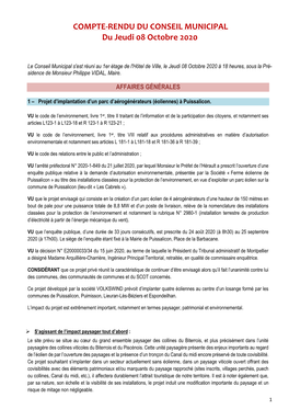 COMPTE-RENDU DU CONSEIL MUNICIPAL Du Jeudi 08 Octobre 2020