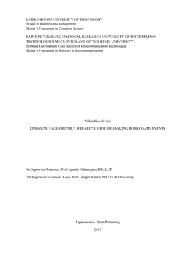 ITMO UNIVERSITY) Software Development Chair Faculty of Infocommunication Technologies Master’S Programme in Software in Infocommunications