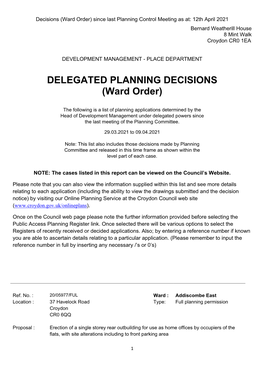 DELEGATED PLANNING DECISIONS (Ward Order)