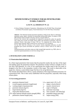 2000 Minimum Impact Energy for KE-Penetrators in RHA-Targets European Forum on Ballistics and Projectiles