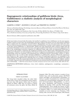 Aves, Galliformes): a Cladistic Analysis of Morphological Characters