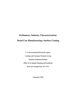 Preliminary Industry Characterization: Metal Can Manufacturing--Surface Coating