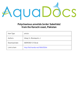 Polychaetous Annelids (Order Sabellida) from the Karachi Coast, Pakistan