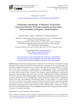 Comparative Morphology of Immature Trictenotoma Formosana Kriesche, 1919 and Systematic Position of the Trictenotomidae (Coleoptera, Tenebrionoidea)