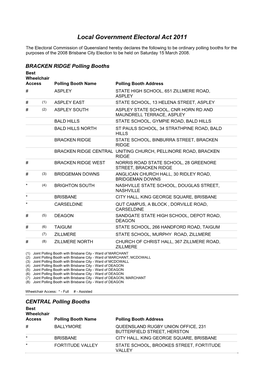 Polling Booths for the Purposes of the 2008 Brisbane City Election to Be Held on Saturday 15 March 2008