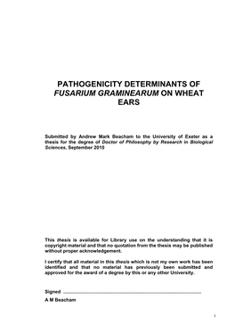 Pathogenicity Determinants of Fusarium Graminearum on Wheat Ears