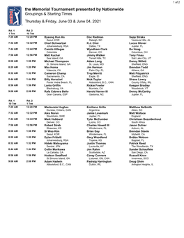 The Memorial Tournament Presented by Nationwide Groupings & Starting Times Thursday & Friday, June 03 & June 04, 2021