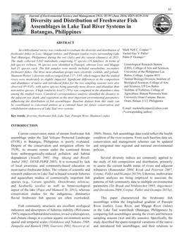 Diversity and Distribution of Freshwater Fish Assemblages in Lake Taal River Systems in JESAM Batangas, Philippines