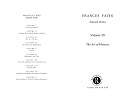 FRANCES YATES FRANCES YATES Selected Works Selected Works