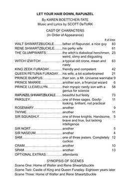 LET YOUR HAIR DOWN, RAPUNZEL by KAREN BOETTCHER-TATE Music and Lyrics by SCOTT Deturk CAST of CHARACTERS (In Order of Appearance) # of Lines WALT SHWARTZBUCKLE