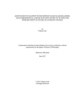 Adaptation to Soil and Water Salinity in Southwest Coastal Bangladesh Certificate in “The Food System, Environment and Public Health,” Dept