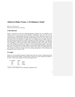 Ablaut in Dinka Nouns: a Preliminary Study∗