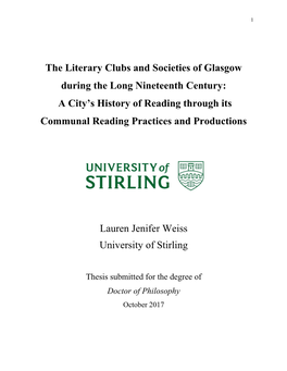 The Literary Clubs and Societies of Glasgow During the Long Nineteenth Century: a City’S History of Reading Through Its Communal Reading Practices and Productions