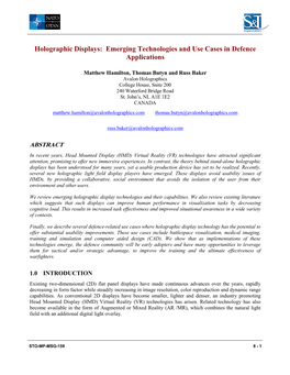 Holographic Displays: Emerging Technologies and Use Cases in Defence Applications