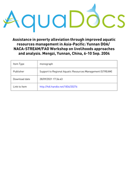 Yunnan DOA/NACA-STREAM/FAO Workshop on Livelihoods Approaches and Analysis