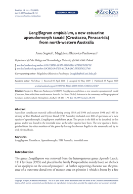 Longiflagrum Amphibium, a New Estuarine Apseudomorph Tanaid (Crustacea, Peracarida) from North-Western Australia