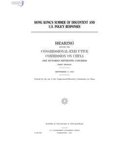 Hong Kong's Summer of Discontent and U.S. Policy Responses Hearing Congressional-Executive Commission on China