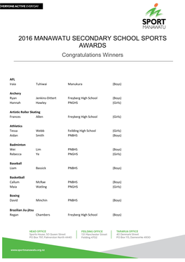 2016 MANAWATU SECONDARY SCHOOL SPORTS AWARDS Congratulations Winners