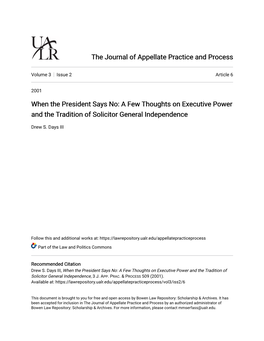 When the President Says No: a Few Thoughts on Executive Power and the Tradition of Solicitor General Independence