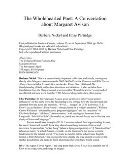 The Wholehearted Poet: a Conversation About Margaret Avison