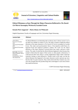 Journal of Literature, Linguistics and Cultural Studies Ethical Dilemmas As Seen Through the Major Characters Reflected in the D