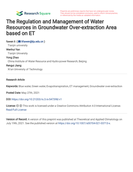 The Regulation and Management of Water Resources in Groundwater