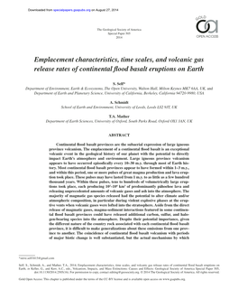 Emplacement Characteristics, Time Scales, and Volcanic Gas Release Rates of Continental ﬂ Ood Basalt Eruptions on Earth