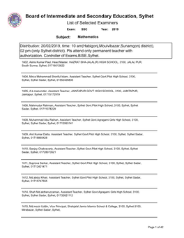 Board of Intermediate and Secondary Education, Sylhet List of Selected Examiners Exam: SSC Year: 2019