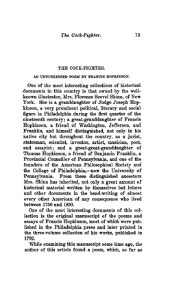 The Cock-Fighter. 73 One of the Most Interesting Collections of Historical